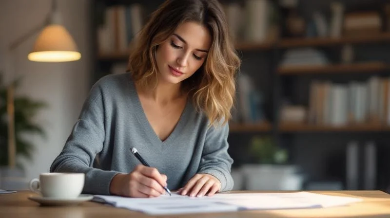 Frau liest Foerderbescheid am Schreibtisch in einem hellen Buero in Leipzig