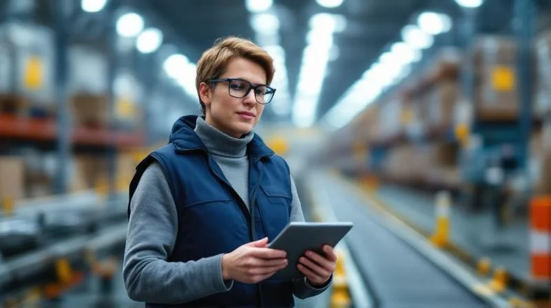 Ausbilderin bei einer Unterweisung in einer Leipziger Logistikhalle mit jungem Auszubildenden am Förderband
