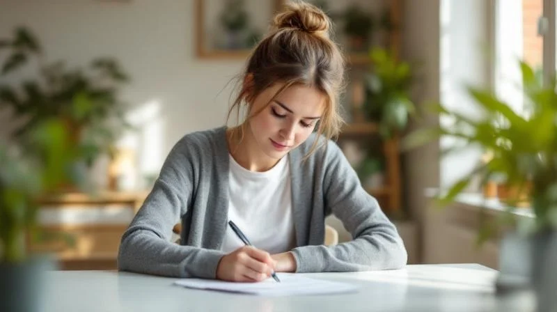 Frau sitzt am Schreibtisch in Leipzig und fuellt Formulare fuer den Bildungsgutschein aus