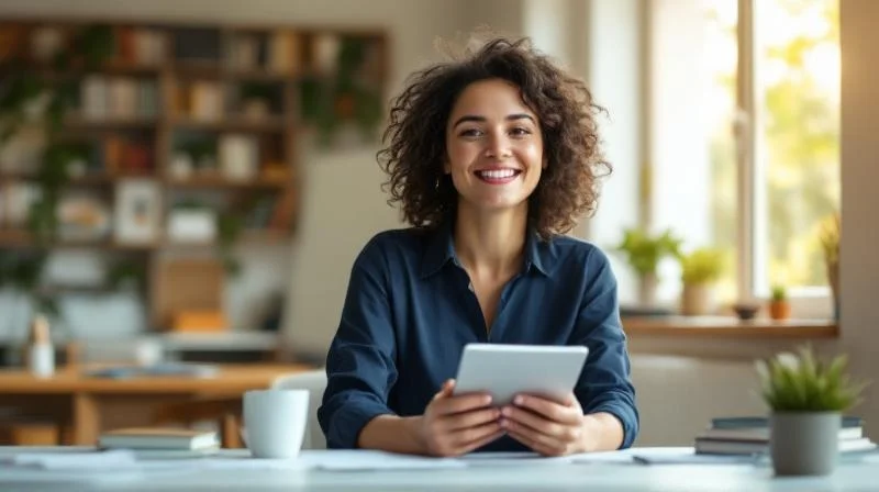 Frau mit Tablet in der Hand in einem modernen Leipziger Lernraum