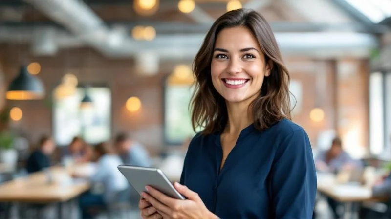 Frau mit Zertifikat in einem modernen Buero in Leipzig