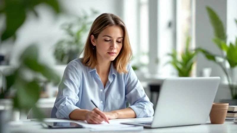 Frau bearbeitet Weiterbildungsunterlagen am Laptop in einem modernen Coworking-Space in Leipzig