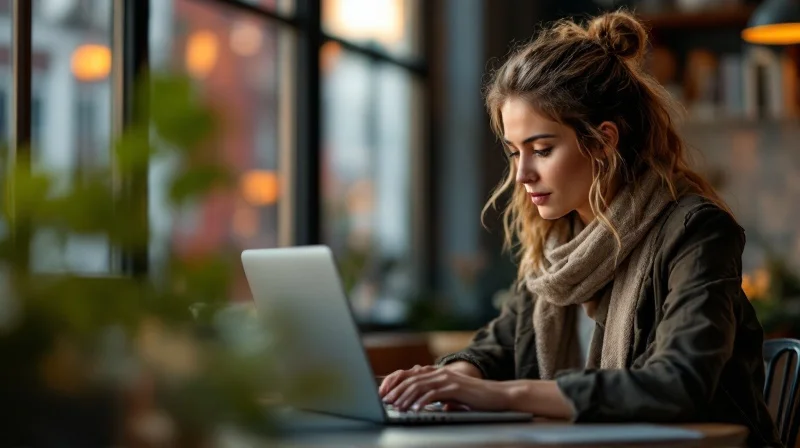 Leipziger Angestellte im Coworking-Space in Plagwitz mit Laptop, im Hintergrund Industriearchitektur