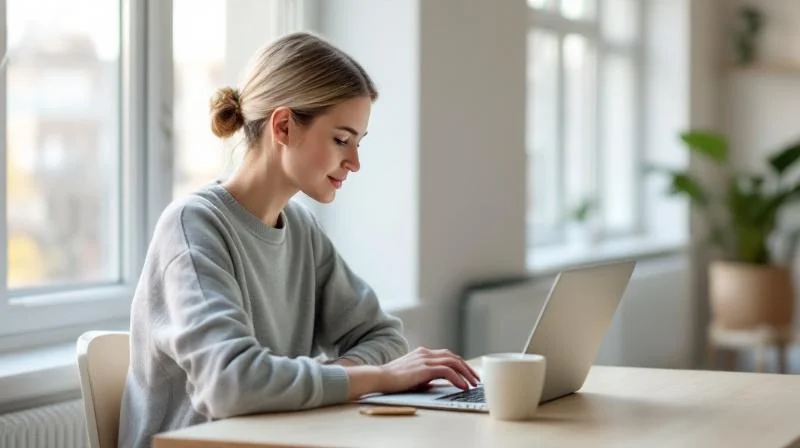 Frau sitzt in einem hellen Leipziger Coworking Space und arbeitet am Laptop