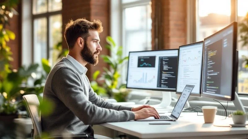 Mann mittleren Alters wechselt in einem modernen Leipziger Büro vor mehreren Bildschirmen den Beruf in Richtung Digitalisierung