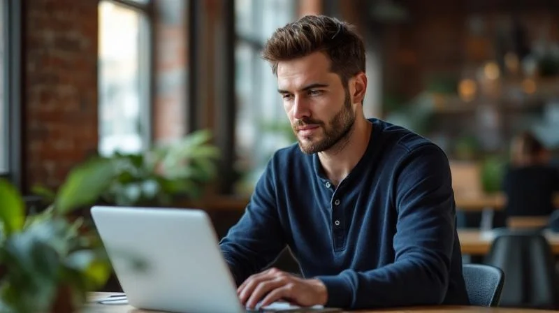 Mann arbeitet konzentriert am Laptop in einem modernen Buero in Leipzig