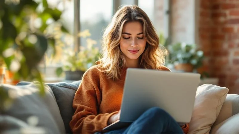 Frau am Laptop in einem hellen Altbau-Zimmer in Leipzig