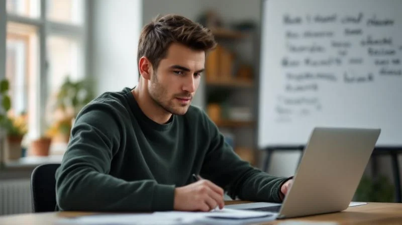 Mann arbeitet konzentriert am Laptop in einem Leipziger Altbau-Buero